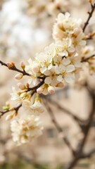 Obraz premium Cream colored blossoms scattered along the branch, almond tree, twig, tree