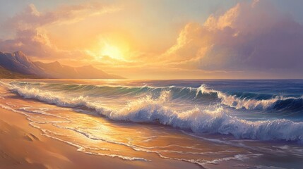 Naklejka premium Serene Sunset over Tranquil Beach with Gentle Waves and Golden Sky Reflections