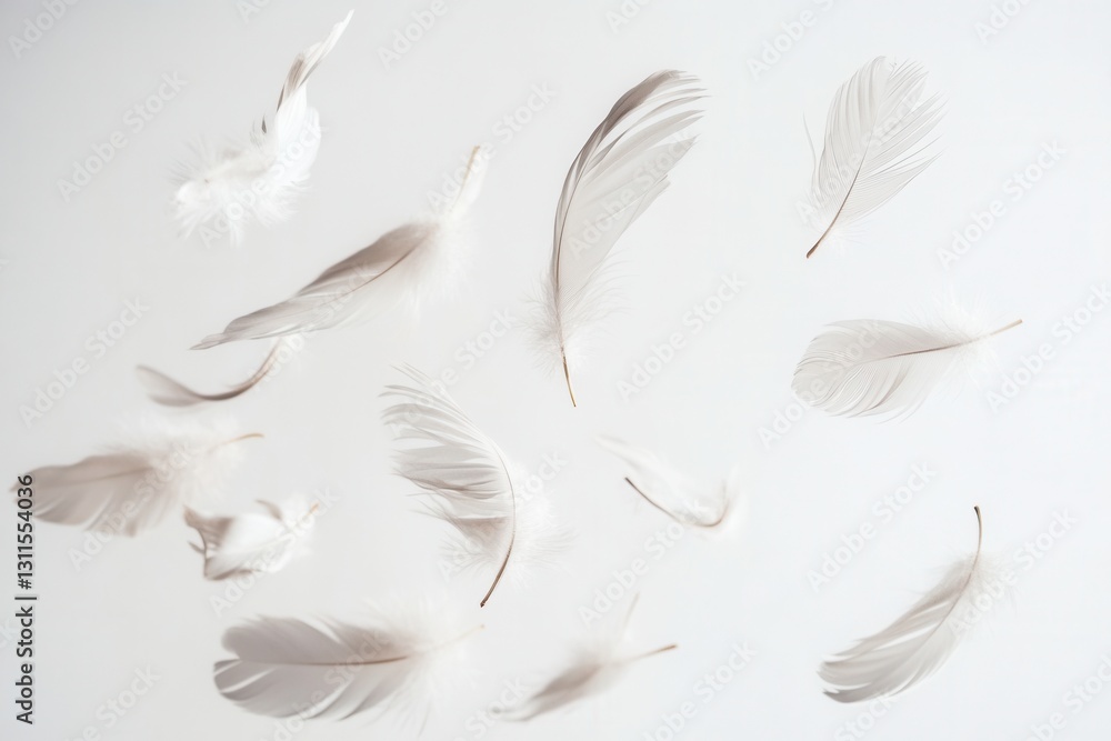 Poster floating feathers create a dreamlike atmosphere against a soft white background in high key photogra