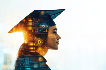 A confident university graduate gazes into the distance amidst floating gold coins. The artistic double exposure illustrates an ambitious journey from education to a thriving financial career.