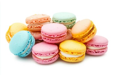 Obraz premium Colorful macarons arranged on white background. AI image