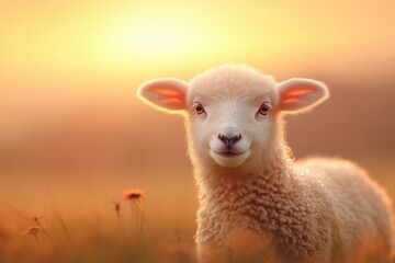 Obraz premium Cute lamb standing in a sunlit meadow during golden hour with dew on its fur