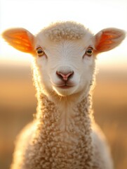 Fototapeta premium Cute lamb gazes playfully at sunset in a golden field of grass during early evening hours