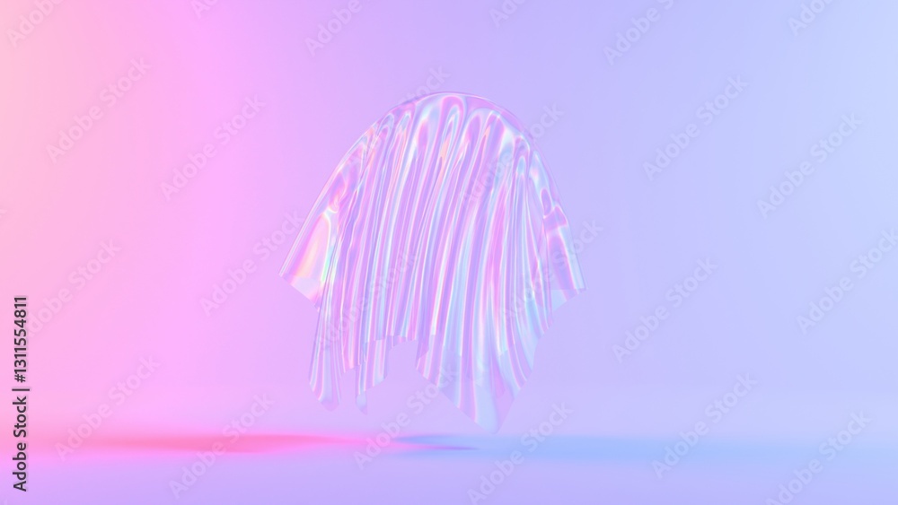 Poster holographic flowing fabric suspended in mid-air with a soft gradient pastel background, creating a s