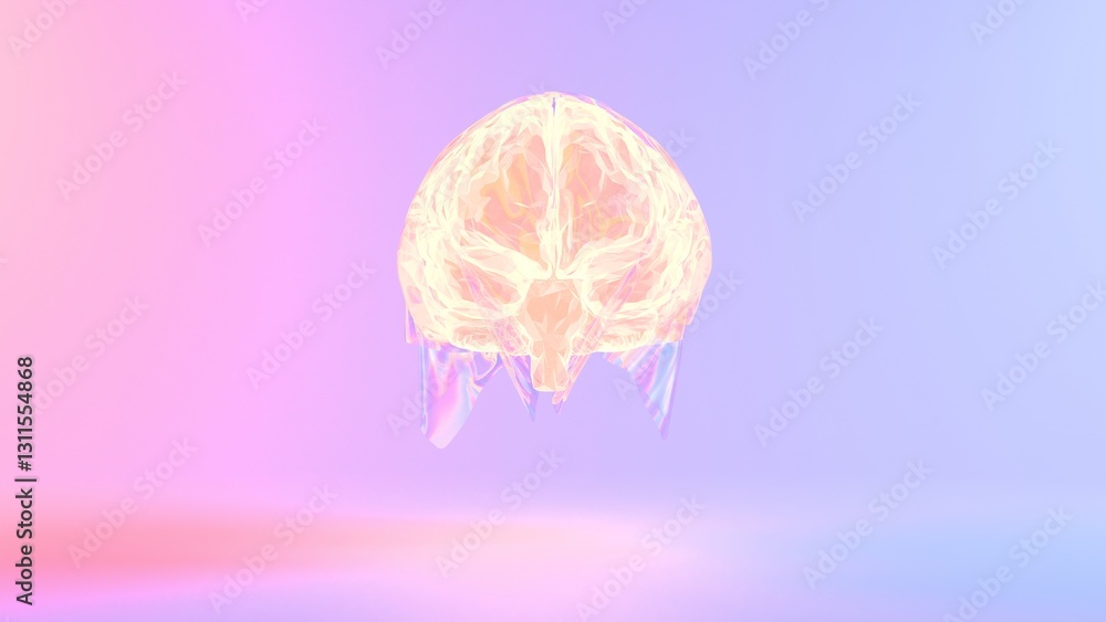 Poster a glowing, holographic 3d brain floating against a soft gradient background, combining digital and s