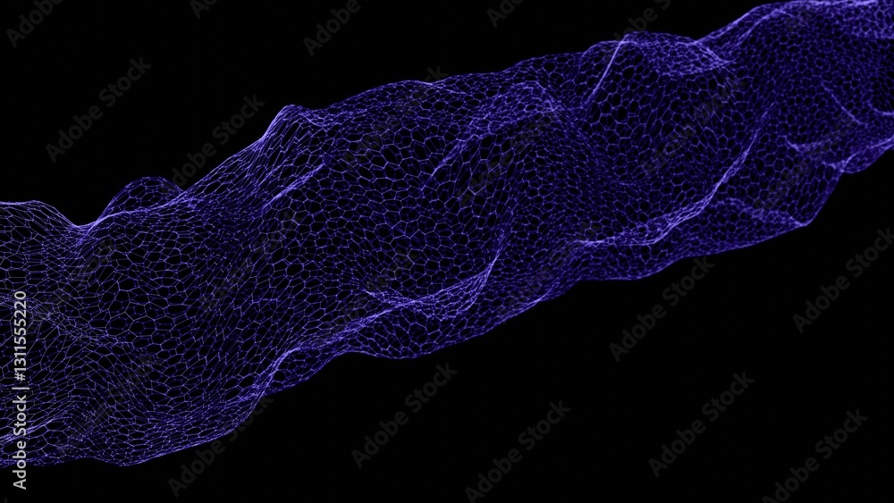 Poster Glowing purple wireframe mesh flowing in a dynamic pattern against a black background, creating a modern and abstract digital design