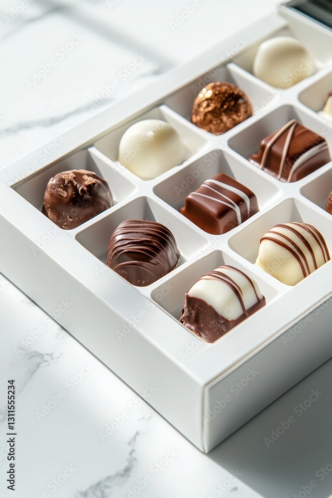 Poster a box with transparent windows showing chocolates, white background.