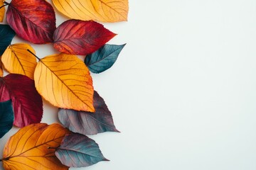 Fototapeta premium Autumn leaves arranged on white background. AI image