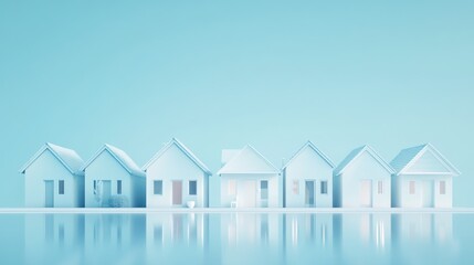Suburban houses reflect in calm water, minimal design, real estate