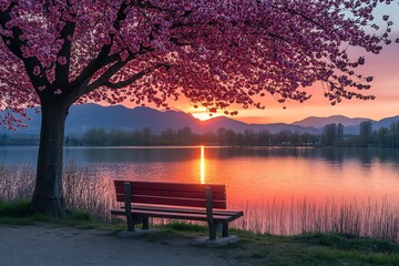 Serene sunrise over lake with blossoming tree and bench.