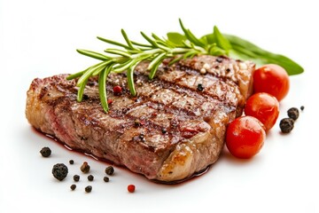 Juicy grilled steak with rosemary and peppercorns on white background. AI image