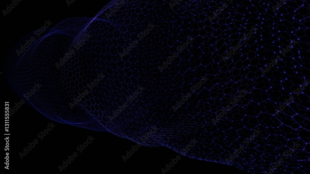 Aufkleber flowing hexagonal mesh with subtle colored nodes forming a wave-like structure on a black background