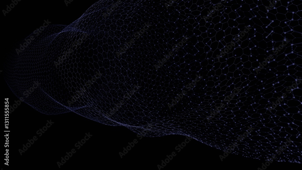 Aufkleber flowing hexagonal mesh with subtle colored nodes forming a wave-like structure on a black background
