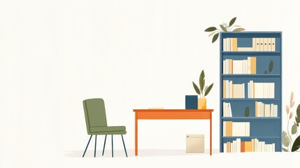 Modern home office with bookshelves and a table. Suitable for product display and interior design inspiration