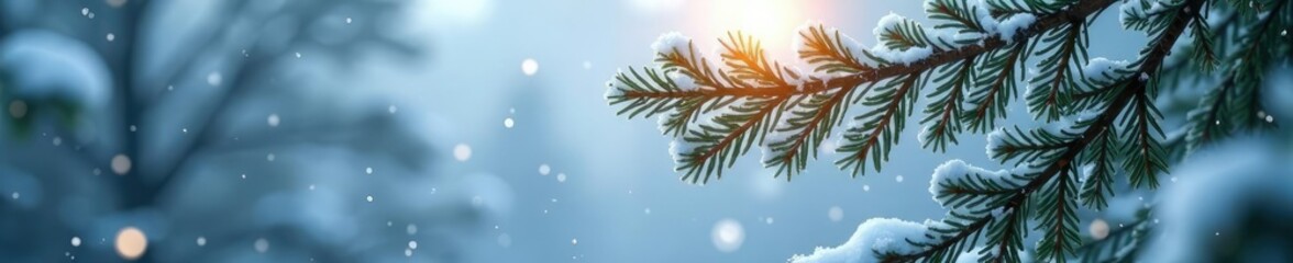 Frost-covered pine tree with branches stretching towards the sky, winter wonderland, snowflakes falling