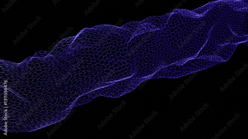 Poster Glowing purple wireframe mesh flowing in a dynamic pattern against a black background, creating a modern and abstract digital design