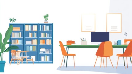 Modern home office with bookshelf, desk, and chairs