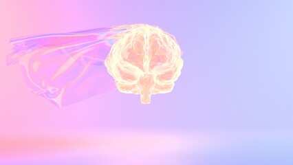 A glowing, holographic 3D brain floating against a soft gradient background, combining digital and surreal elements for a futuristic, minimalistic design.