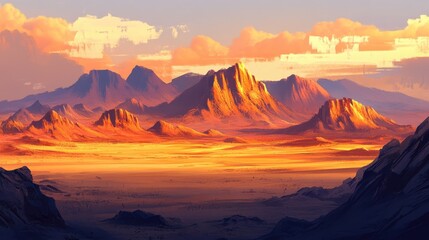 Naklejka premium Stunning Desert Landscape with Rocky Mountains and Vibrant Sunset Colors Captured in Digital Art Style