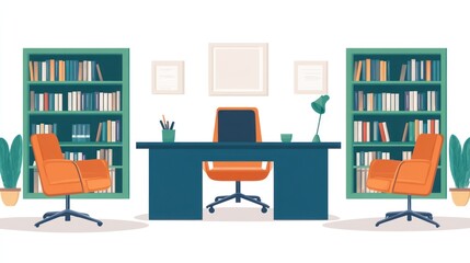 Fototapeta premium Modern office interior with bookshelves and desk. Possible use for business or education