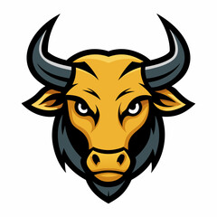 Cute cartoon bull head vector illustration with horns isolated on white