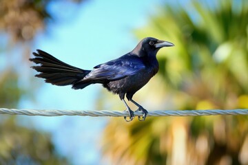 Obraz premium Grackle: Male Great-tailed Grackle perched on Wire in Bolivar Peninsula, Texas