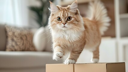 A fluffy orange cat with striking eyes is walking on a cardboard box in a cozy room. Concept Fluffy Orange Cat, Striking Eyes, Cardboard Box, Cozy Room, Indoor Scene