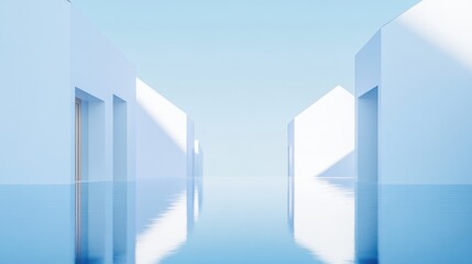 Minimalist white buildings reflecting in calm water, sunny day, architectural visualization, website banner