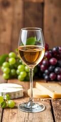  Glass of Wine on a Rustic Wooden Table with Grapes and Cheese in the Background