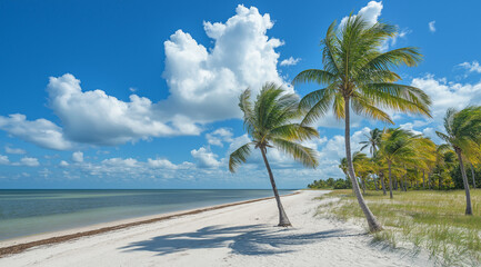 Tropical Beach Paradise with Turquoise Waters & Swaying Palm Trees &ndash; Serene Coastal Landscape with Blue Sky, White Clouds & Soft Beige Sand &ndash; Relaxing Vacation Destination & Nature Escape