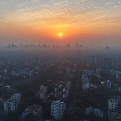 Fototapeta premium Sunrise over hazy cityscape. (1)