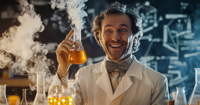 The crazy chemist in his lab conducting an experiment