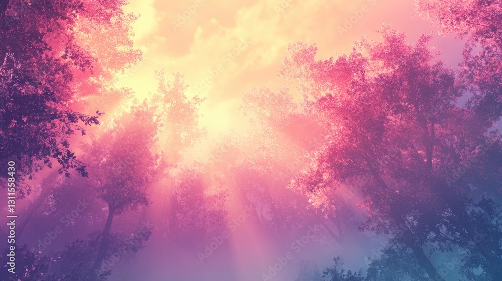 Poster gorgeous ethereal sunrise light filtering through vibrant trees in a mystical forest setting with so