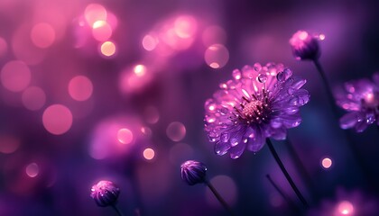 Purple flowers, dew drops, bokeh, night
