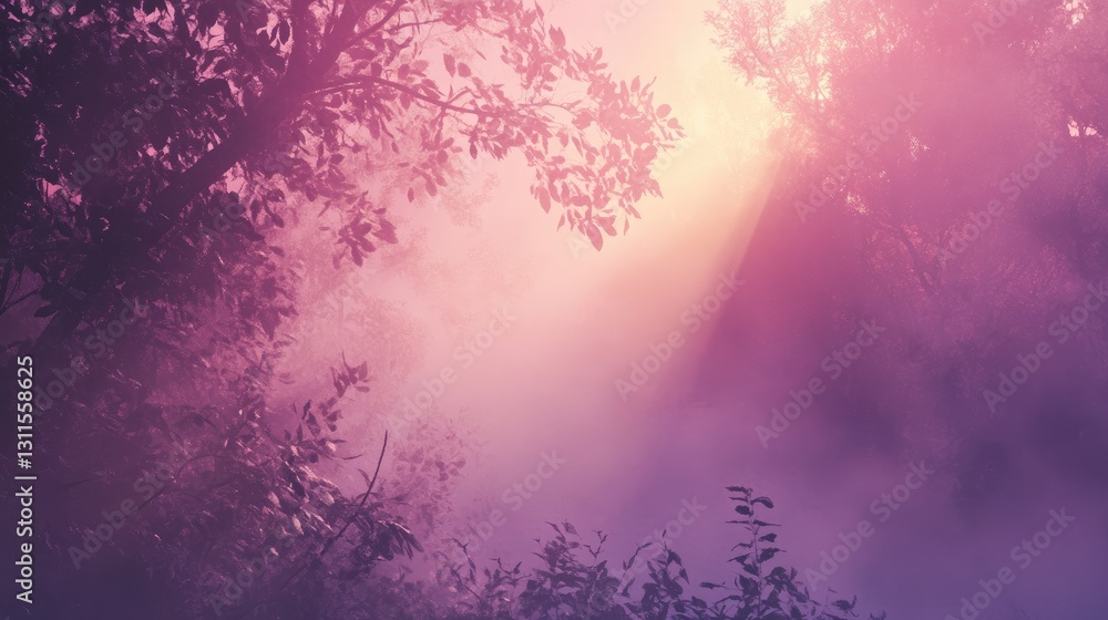 Poster ethereal morning fog with soft light filtering through trees in a mystical forest setting
