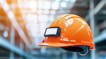 maintenance technical safety optimization concept. A bright orange safety helmet with a light hangs in a warehouse, emphasizing construction safety and protection.