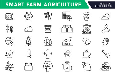 Smart farm agriculture line icon set. Farming, gardening, agriculture, digital, ideas, food, animals, seeding, plants, and harvesting icon collection. UI thin outline icon pack