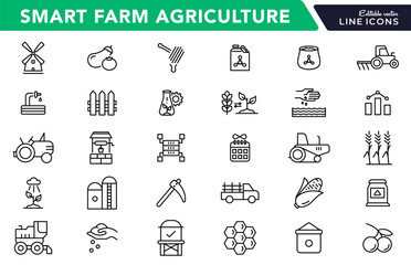 Smart farm agriculture line icon set. Farming, gardening, agriculture, digital, ideas, food, animals, seeding, plants, and harvesting icon collection. UI thin outline icon pack