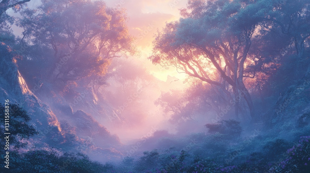 Poster enchanted forest at dawn with soft light filtering through trees and misty vibes