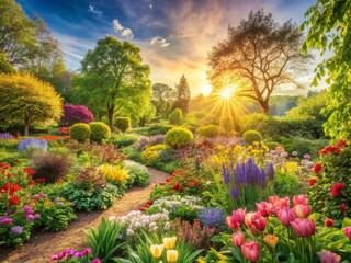Fototapeta premium Spring Garden Watercolor Floral Background: Vibrant Blossoms and Lush Greenery