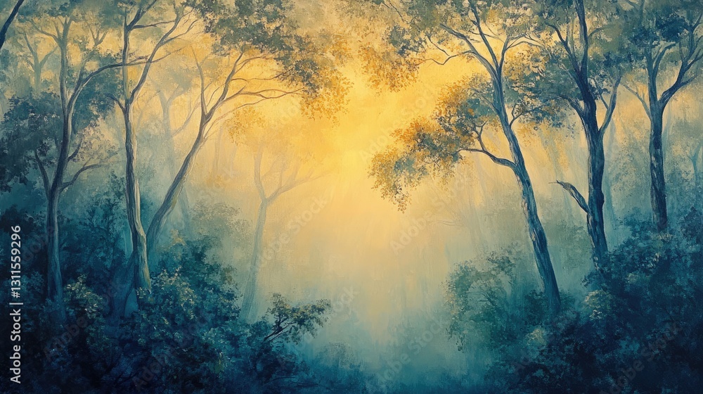 Aufkleber serene misty forest landscape with sunlight filtering through trees and fog creating a tranquil and 