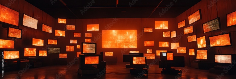 Poster information overload dark room illuminated by numerous screens displaying abstract fiery patterns.