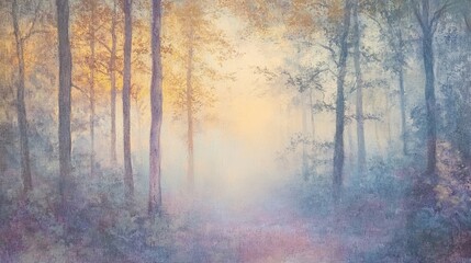 Serene Forest Scene with Soft Mist and Gentle Light Filtering Through Trees at Dawn