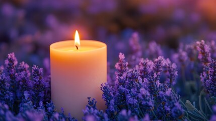 Lavender flowers surrounding a lit purple candle at sunset, creating a serene and peaceful atmosphere for relaxation and meditation