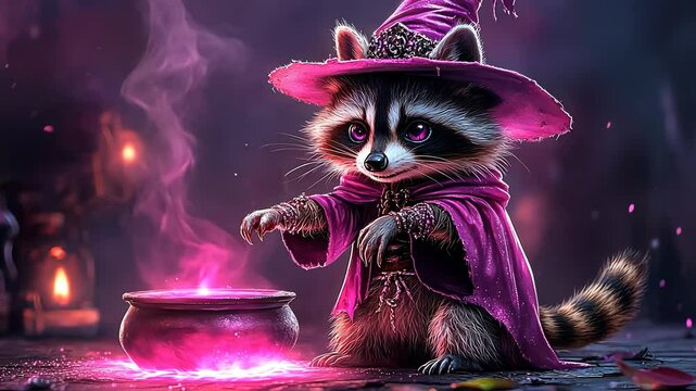 Enchanted raccoon conjures magical potion with cauldron and pink smoke