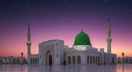 Obraz premium Majestic mosque with green dome and ornate minaret under a twilight sky with stars and a crescent moon