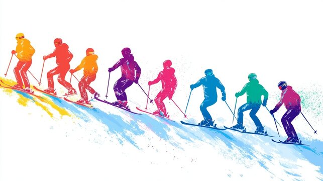 People Group People View Skiing Slope Down Snowy Quick