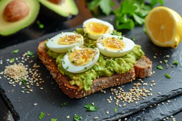 Avocado toast with eggs on slate board. AI image