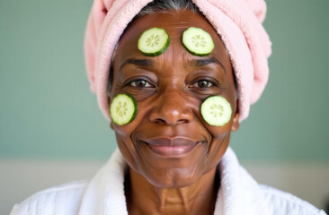 Cucumber mask on the face of an elderly African American woman. Spa treatments.