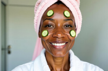 Cucumber mask on the face of an elderly African American woman. Spa treatments.